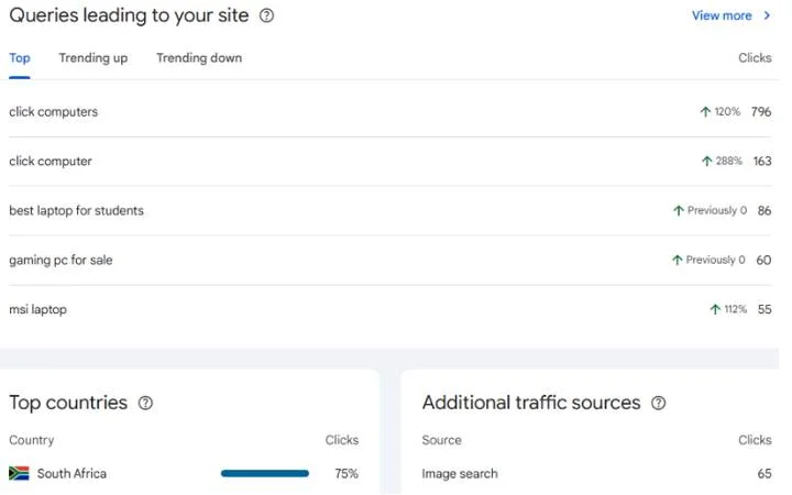 A Search Console list of the store's top search queries from May to September 2025, led by the retailer's own name.