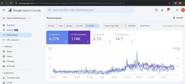 A Search Console performance chart for thefishfrenzy.com across sixteen months, with clicks and impressions plotted over time.