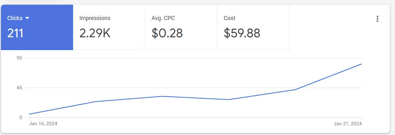 A Google Ads campaign overview for January 2024, charting impressions and clicks across the campaign's run.