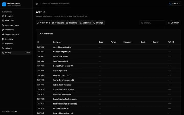The first-pass admin screen: tabs for customers, suppliers, products, audit log and settings, and a table of 25 customer records with code, portal, currency and country columns