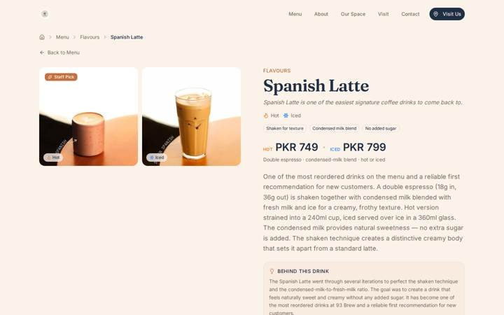 A single drink page on 93 Brew, with hot and iced prices, ingredients, and tasting notes