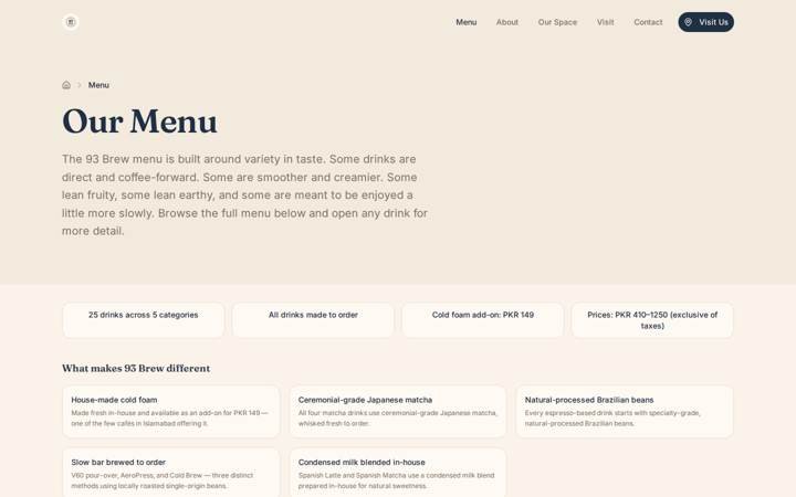 The 93 Brew menu page, listing 25 drinks across five categories with a summary of what makes the café different