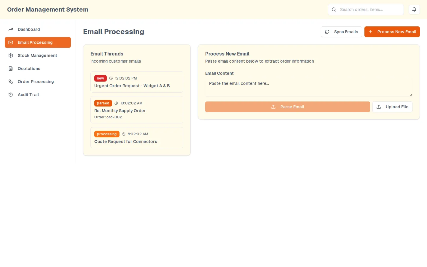 The email processing screen: a list of incoming threads on the left, each with a state and a time, and a paste box with parse and upload controls on the right