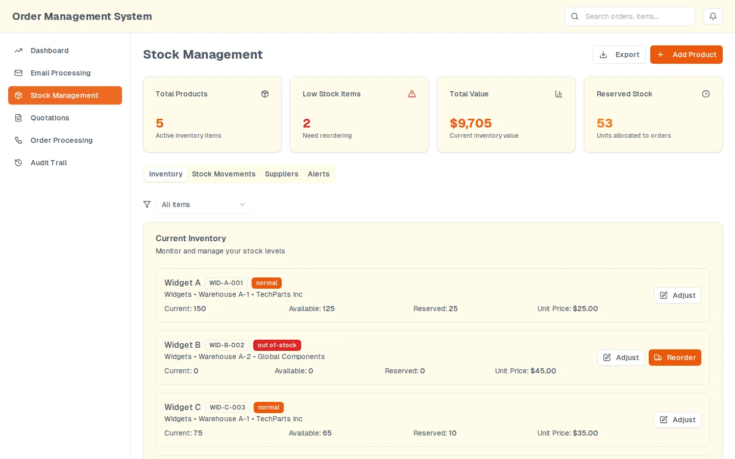 The stock screen: counter cards over a tabbed inventory list, each item showing current, available and reserved quantities with an adjust action