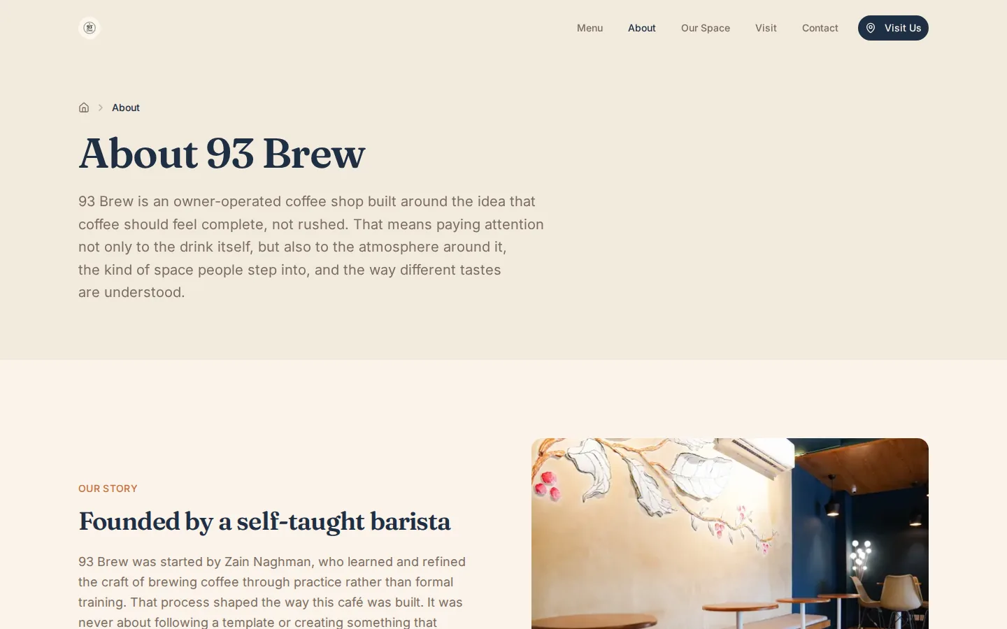 The 93 Brew about page, telling the cafe's story beside a photograph of the interior