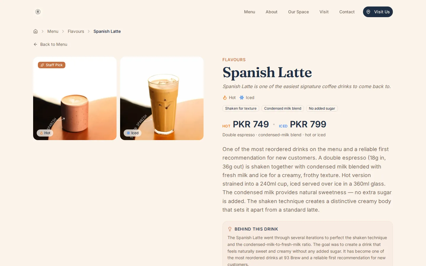 A single drink page on 93 Brew, with hot and iced prices, ingredients, milk options and tasting notes