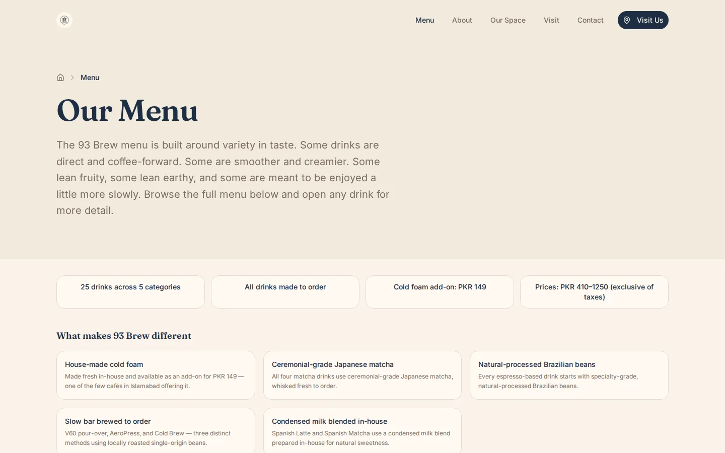 The 93 Brew menu page, listing 25 drinks across five categories with a short note on what makes the cafe different