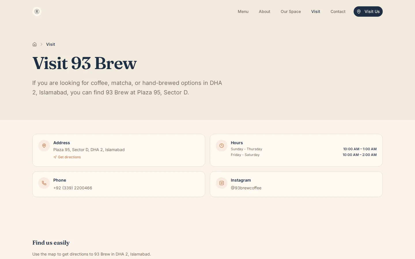 The 93 Brew visit page, with the address, opening hours and a map link